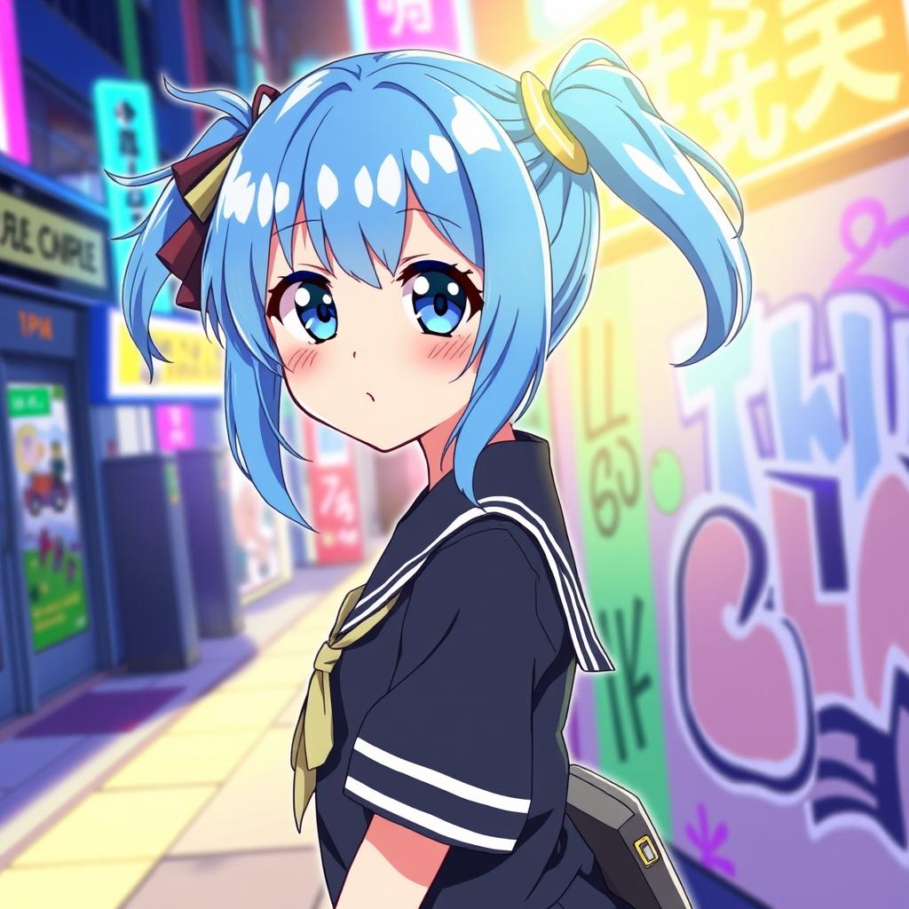 A vibrant anime-style illustration of Igusa Haruka, a character from Blue Archive, depicted with her signature blue hair styled in twin tails and large, expressive eyes