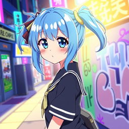 A vibrant anime-style illustration of Igusa Haruka, a character from Blue Archive, depicted with her signature blue hair styled in twin tails and large, expressive eyes