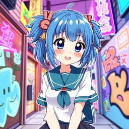 A vibrant anime-style illustration of Igusa Haruka, a character from Blue Archive, depicted with her signature blue hair styled in twin tails and large, expressive eyes