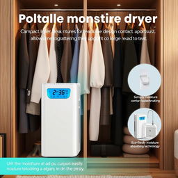 A portable moisture-absorbing clothes dryer, designed compactly for easy use in a wardrobe