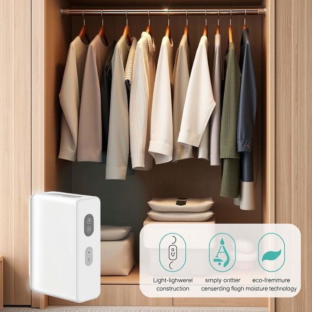 A portable moisture-absorbing clothes dryer, designed compactly for easy use in a wardrobe