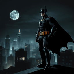 A dramatic and intense night scene featuring Batman in his iconic black suit, standing on a rooftop overlooking Gotham City