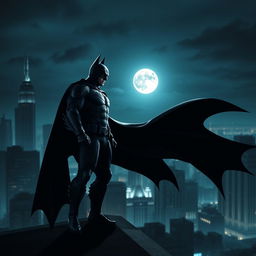 A dramatic and intense night scene featuring Batman in his iconic black suit, standing on a rooftop overlooking Gotham City