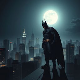 A dramatic and intense night scene featuring Batman in his iconic black suit, standing on a rooftop overlooking Gotham City