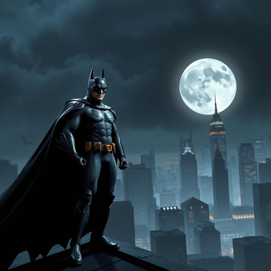 A dramatic and intense night scene featuring Batman in his iconic black suit, standing on a rooftop overlooking Gotham City