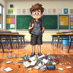 A scene depicting a frustrated student in a school setting, standing over a pile of litter on the floor, looking shocked and regretful