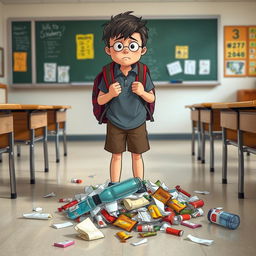 A scene depicting a frustrated student in a school setting, standing over a pile of litter on the floor, looking shocked and regretful