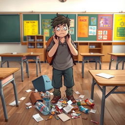 A scene depicting a frustrated student in a school setting, standing over a pile of litter on the floor, looking shocked and regretful