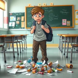 A scene depicting a frustrated student in a school setting, standing over a pile of litter on the floor, looking shocked and regretful