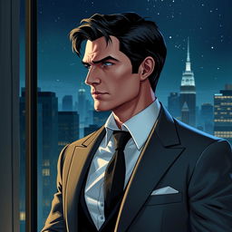 A portrayal of Bruce Wayne in a luxurious penthouse, elegantly dressed in a tailored suit, exuding confidence and charisma