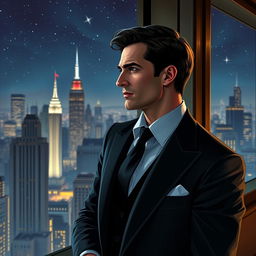 A portrayal of Bruce Wayne in a luxurious penthouse, elegantly dressed in a tailored suit, exuding confidence and charisma