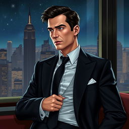 A portrayal of Bruce Wayne in a luxurious penthouse, elegantly dressed in a tailored suit, exuding confidence and charisma