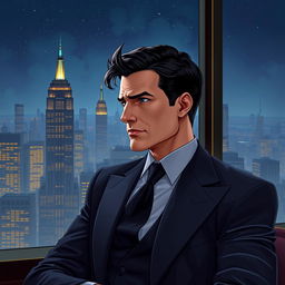 A portrayal of Bruce Wayne in a luxurious penthouse, elegantly dressed in a tailored suit, exuding confidence and charisma