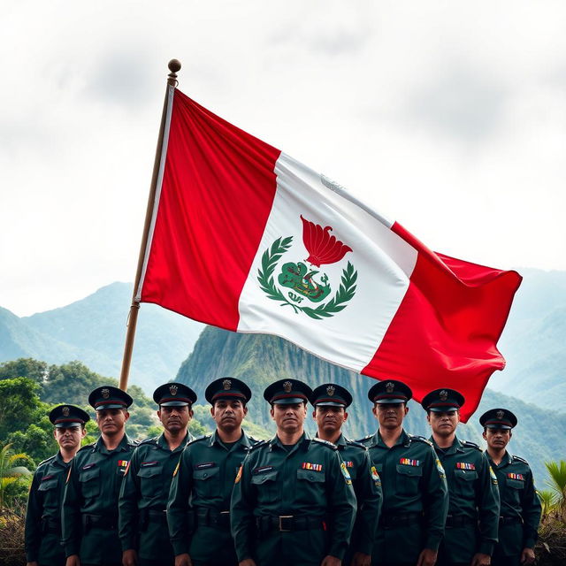 A striking scene featuring the flag of Peru waving proudly above a group of Peruvians in military uniform, showcasing a strong display of patriotism and pride