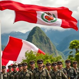 A striking scene featuring the flag of Peru waving proudly above a group of Peruvians in military uniform, showcasing a strong display of patriotism and pride