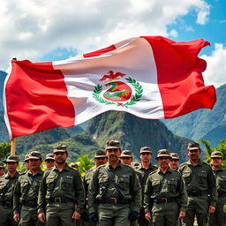 A striking scene featuring the flag of Peru waving proudly above a group of Peruvians in military uniform, showcasing a strong display of patriotism and pride