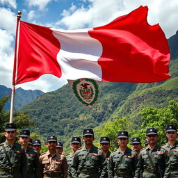 A striking scene featuring the flag of Peru waving proudly above a group of Peruvians in military uniform, showcasing a strong display of patriotism and pride