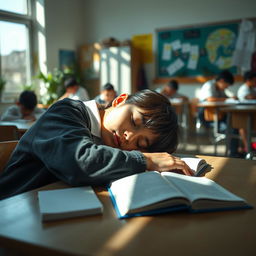 A serene scene of a student sleeping in a classroom, slumped over their desk