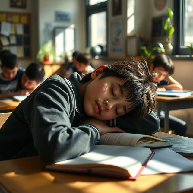 A serene scene of a student sleeping in a classroom, slumped over their desk