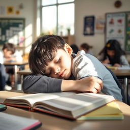 A serene scene of a student sleeping in a classroom, slumped over their desk