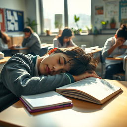 A serene scene of a student sleeping in a classroom, slumped over their desk