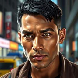 A highly detailed and realistic portrait of a South Asian male with sharp features, deep-set eyes, and a strong jawline