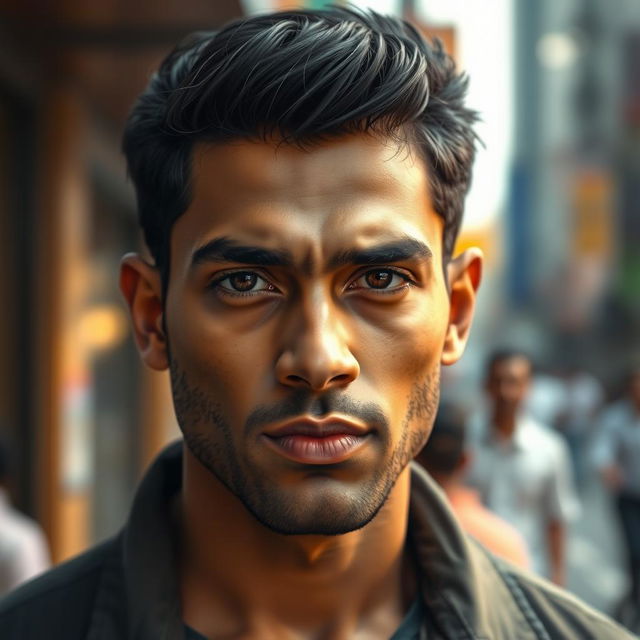 A highly detailed and realistic portrait of a South Asian male with sharp features, deep-set eyes, and a strong jawline