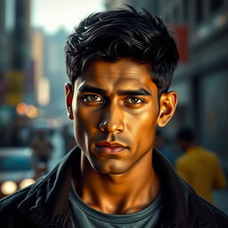 A highly detailed and realistic portrait of a South Asian male with sharp features, deep-set eyes, and a strong jawline