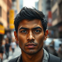 A highly detailed and realistic portrait of a South Asian male with sharp features, deep-set eyes, and a strong jawline