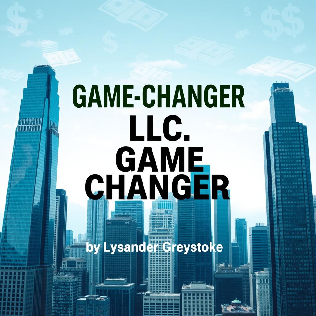 A flat book cover design featuring a realistic cityscape filled with towering skyscrapers that symbolize business success and growth as the background