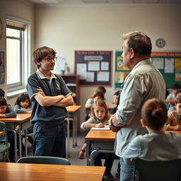 A dramatic scene in a classroom where a student is seen disrespectfully interacting with their teacher