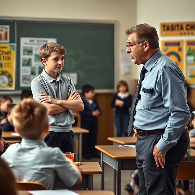 A dramatic scene in a classroom where a student is seen disrespectfully interacting with their teacher