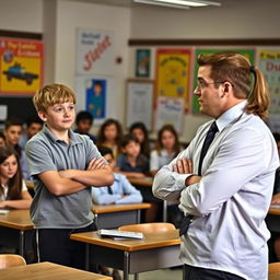 A dramatic scene in a classroom where a student is seen disrespectfully interacting with their teacher