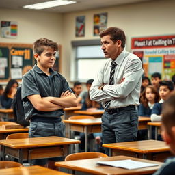 A dramatic scene in a classroom where a student is seen disrespectfully interacting with their teacher