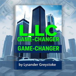 A modern, sleek book cover design featuring a realistic cityscape with tall skyscrapers symbolizing business success and growth