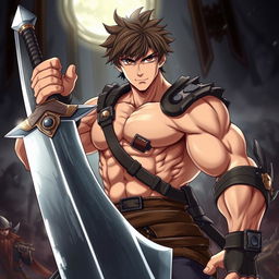 A full-body portrayal of a muscular male anime character wielding a massive greatsword