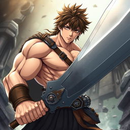 A full-body portrayal of a muscular male anime character wielding a massive greatsword
