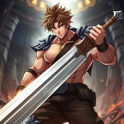 A full-body portrayal of a muscular male anime character wielding a massive greatsword