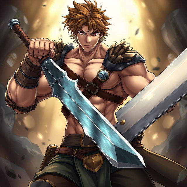 A full-body portrayal of a muscular male anime character wielding a massive greatsword