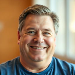 A portrait of a friendly middle-aged man with a thicker and wider neck, giving him a chubby appearance