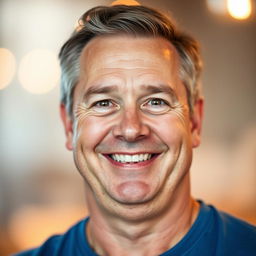 A portrait of a friendly middle-aged man with a thicker and wider neck, giving him a chubby appearance