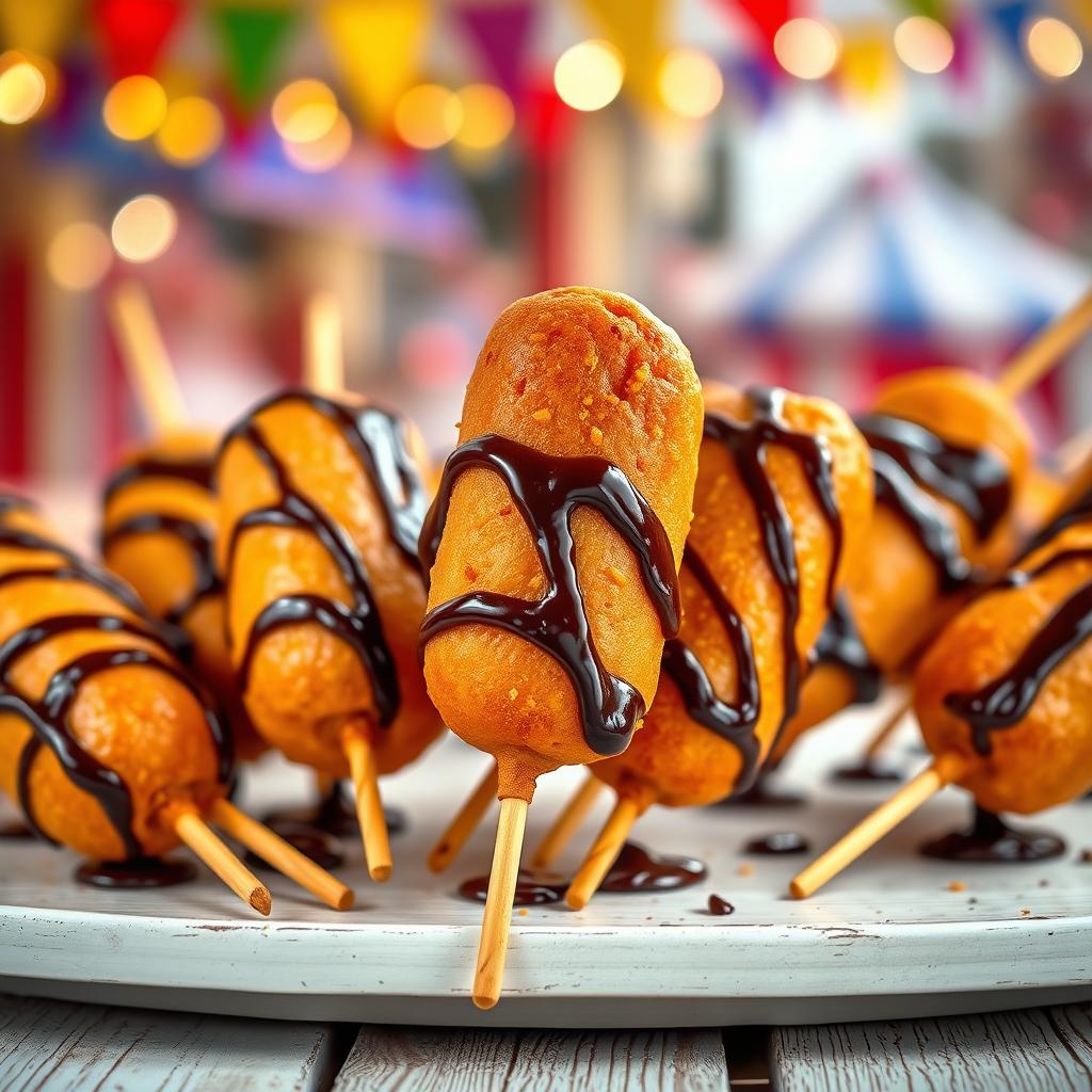 A delicious close-up image of corndogs drizzled with a rich chocolate glaze