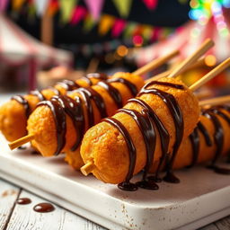 A delicious close-up image of corndogs drizzled with a rich chocolate glaze