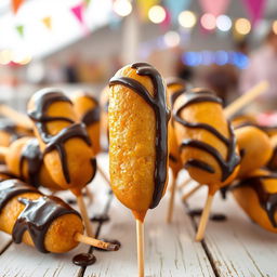 A delicious close-up image of corndogs drizzled with a rich chocolate glaze