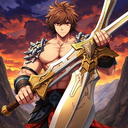 A full-body photo of a muscular anime male character wielding a colossal greatsword