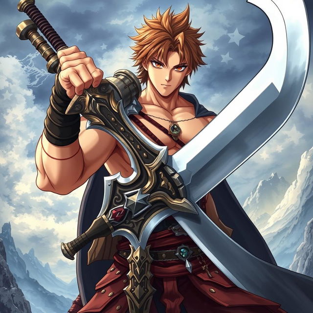 A full-body photo of a muscular anime male character wielding a colossal greatsword