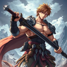 A full-body photo of a muscular anime male character wielding a colossal greatsword