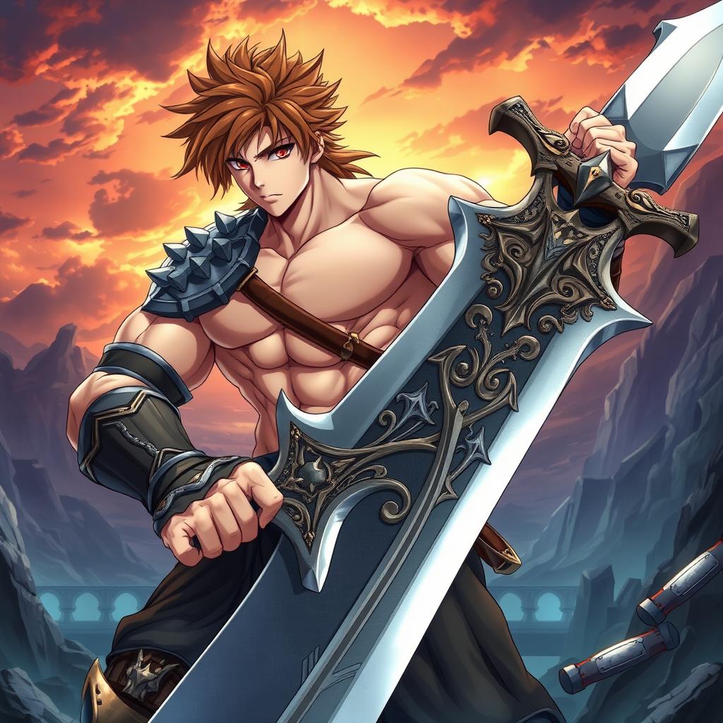 A full-body photo of a muscular anime male character wielding a colossal greatsword