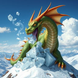 A majestic dragon with vibrant scales in shades of green and gold, sitting atop a snowy mountain peak