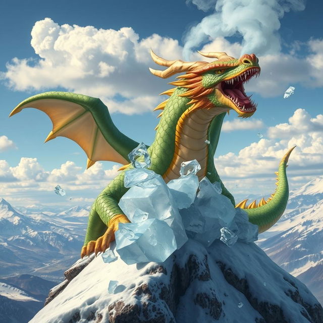 A majestic dragon with vibrant scales in shades of green and gold, sitting atop a snowy mountain peak